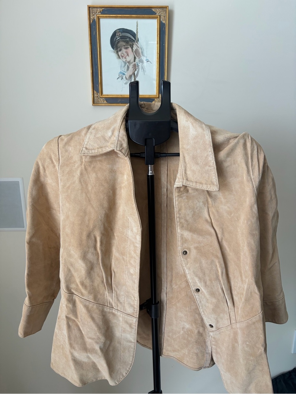Coldwater Creek Tan Suede Jacket M Snap Front Peplum 3/4 Sleeve Collared